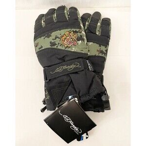 NWT Ed Hardy Black Green Ski Gloves M Medium Camouflage Thinsulate Insulated